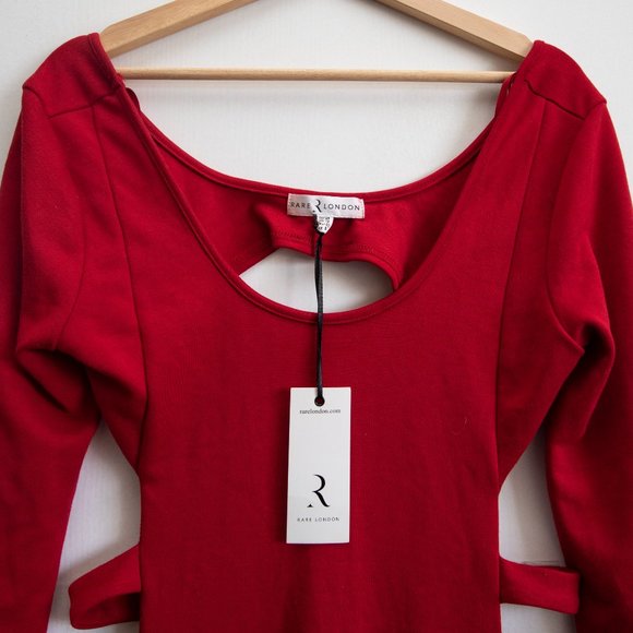 Rare London Red Mini Dress Long Sleeves and Side Cutouts - Picture 3 of 5